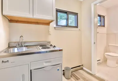 a small kitchen with a sink and a toilet at Stream-Side Atrium Home with Side Rooms & Pool Table in Hunter