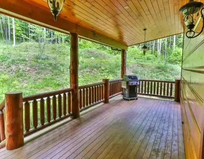 a screened porch of a cabin with a trash can at Stunning Home with Hot Tub Fire Pit & Amazing Views in Hunter