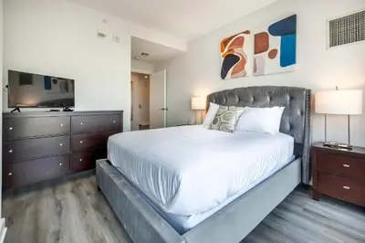 a bedroom with a large bed and a television at Private Luxury Apt with Gym in Stamford