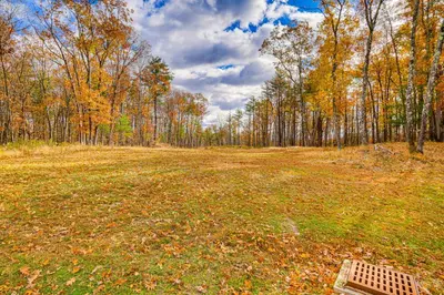 a field with a grate in the middle of a forest at Private Hot Tub on 10 Acres Cozy Catskill Getaway in Catskill