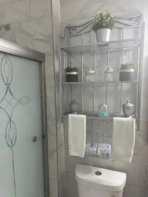 a bathroom with a toilet and towels and plants at Beautiful 3 - 4 Bedroom Home Fully Furnished Including Utilities Close to I95 & Train in Stratford