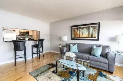a living room with a couch and a table at Comfy Apt Downtown in Stamford