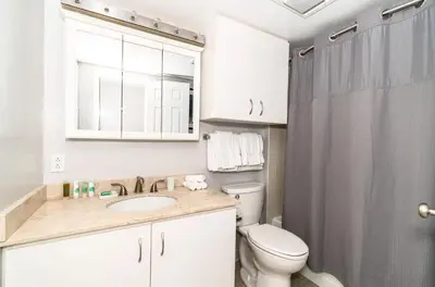 a bathroom with a toilet and a sink and a shower at Comfy Apt Downtown in Stamford