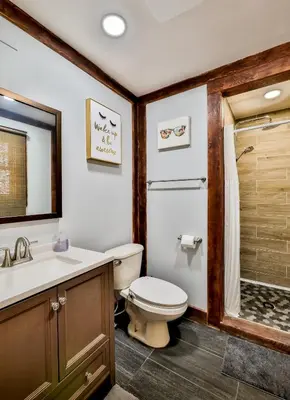 a bathroom with a toilet and a sink and a shower at Mountain Dream Brand New Hot Tub Fire Pit in Hunter