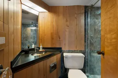 a bathroom with a toilet and a sink and a shower at Quarry House Mid-Century Modern in Haddam