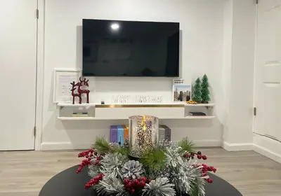 a living room with a tv and a christmas tree on a table at Pelham Haven Suite in New York in Pelham