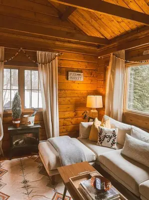 a living room with a couch in a log cabin at The Little Lake Cabin in New Fairfield