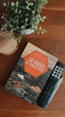 a book sitting on a table with a remote control at The Little Lake Cabin in New Fairfield