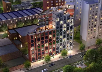 an overhead view of a building in a city at Beautiful 1 Bedroom Condo in Mott Haven