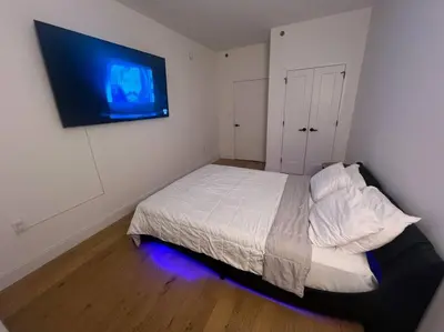 a bedroom with a bed and a flat screen tv at Beautiful 1 Bedroom Condo in Mott Haven