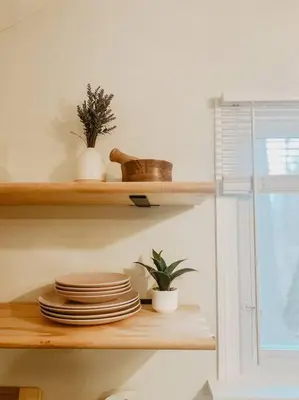 a shelf with plates and a plant on it at Creek Side Cabin with Wood Fired Hot Tub and Fire Pit in New Milford