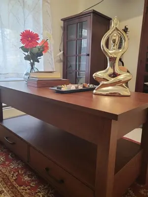 a table with a mirror and a plate of food on it at Serenity Escape in Hudson Valley in Hopewell Junction