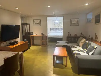 a living room with a couch and a flat screen tv at Cozy and Comfy Cellar in Yonkers