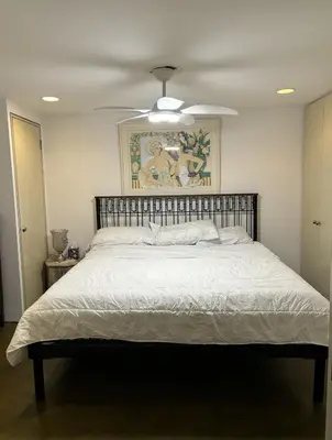 a bedroom with a large bed with a ceiling at Cozy and Comfy Cellar in Yonkers