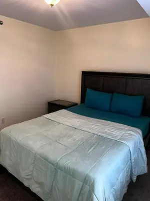 a bedroom with a large bed with blue pillows at 3-Bedroom Apt 5 miles AirPort in Newark