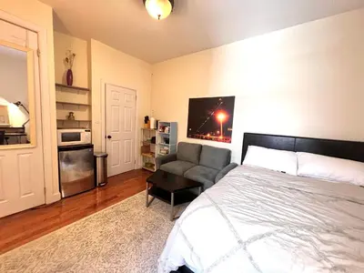 a bedroom with a bed and a couch and a tv at Urban Luxury Hudson River Suite in New York