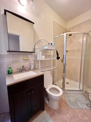 a bathroom with a toilet and a sink and a shower at Urban Luxury Hudson River Suite in New York