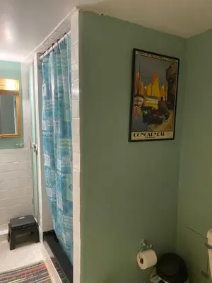 a bathroom with a shower and a picture on the wall at Cozy charming private studio in North Bergen
