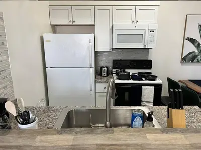 a kitchen with a sink and a white refrigerator at Affordable Stay Near Proctors A2 in Schenectady