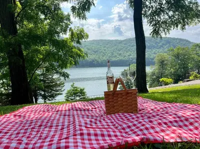 a bottle of wine sitting on a red and white checkered picnic table at Brown House, Lake, Boat Dock, King Bed, Grill in New Fairfield