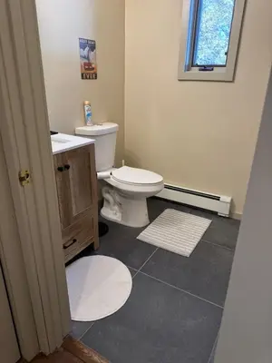a bathroom with a toilet and a sink and a window at Private Chalet - 4 mins to Mt Snow in Dover