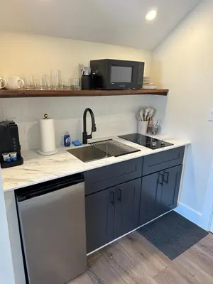 a kitchen with a sink and a microwave at The Innwoods - Studio Apartment 1 in Tannersville