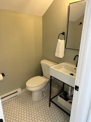 a bathroom with a toilet and a sink at The Innwoods - Studio Apartment 2 in Tannersville