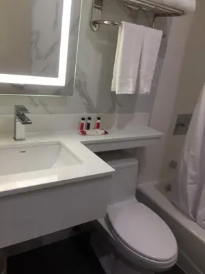 a bathroom with a white toilet and a sink at Voyage Hotel in Long Island City