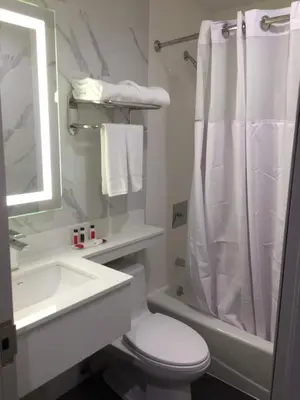 a bathroom with a toilet and a sink and a shower at Voyage Hotel in Long Island City