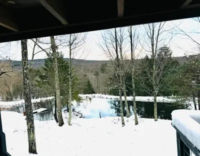 a view from a window of a snow covered yard at Cozy, Modern Cabin Retreat 8 min to Windham mtn in Ashland