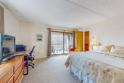 a bedroom with a bed and a desk with a television at Snow Tree 32A in Dover