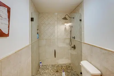 a bathroom with a shower and a toilet at 3 Mi to Colgate Lake Mtn-View Home, Deck and Grill! in East Jewett
