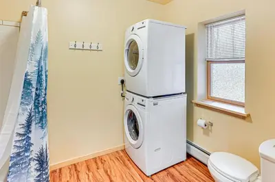 a washing machine in a bathroom with a toilet at Near Historic Sites Bright Hyde Park Guest Suite in Hyde Park