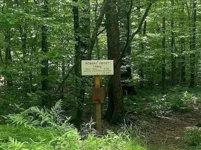 a sign in the middle of a forest at Amherst Woodland Escape in Amherst