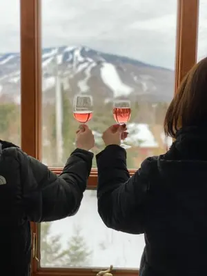 two people holding up glasses of wine in front of a window at Mount Snow Best View - Sauna - HotTub - Pool - Fireplace in West Dover