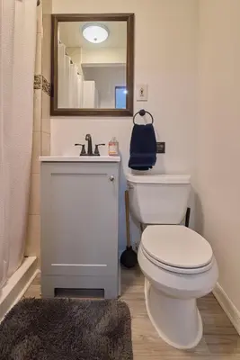 a bathroom with a white toilet and a mirror at City Gem in Long Island City
