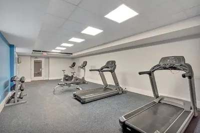 a gym with three tread machines in a room at Serene Nordic Escape Close to Yale in New Haven