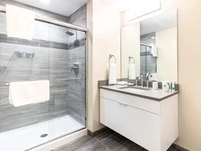 a bathroom with a shower and a sink at Luxury Apt with Gym Downtown in Stamford