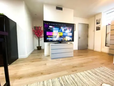 a living room with a large flat screen tv at Rayhaan Palace in Long Island City