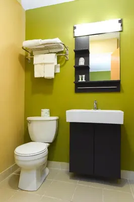a bathroom with a white toilet and a sink at Capital Inn and Suites in Rensselaer