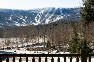 a view of a snow covered mountain with a fence at Black Bear Cabin in Windham