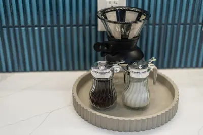 a tray with a blender on top of a counter at Free Parkng 2br 2ba 2 King beds EWR 15min in East Newark