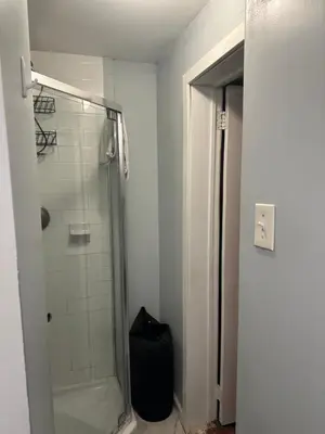 a bathroom with a shower and a black bag at Your Home away from Home ! in Baychester
