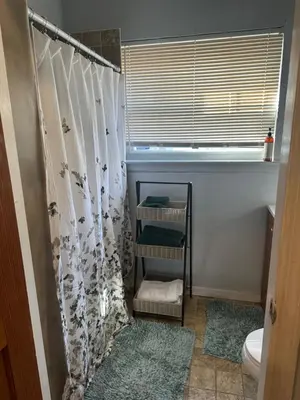 a bathroom with a shower curtain and a toilet at Your Home away from Home ! UNIT 2- 1st floor in Baychester