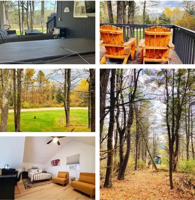 a collage of photos of a house with furniture and trees at Modern Pine Tree Chalet with HOT TUB, Outdoor TV, VIEWS, Games & POOL 5 mins away!! in Gilboa