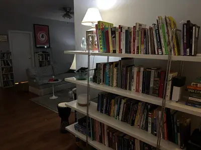 a living room filled with shelves filled with books at Cozy Brooklyn Home, Private Room in Host Shared Apartment in Brooklyn