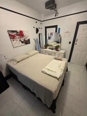 a bedroom with a large bed and a mirror at Woodside room in Sunnyside