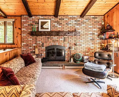 a living room with a couch and a fireplace at Retro Retreat Charming Home with Hot Tub & Fire Pit in Rensselaer