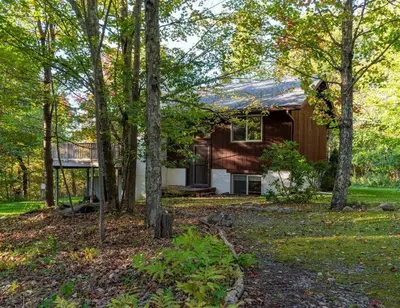 a house with a group of trees in front of it at Retro Retreat Charming Home with Hot Tub & Fire Pit in Rensselaer