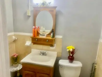 a bathroom with a sink and a mirror and a toilet at SouthGreen APT 2S in Hartford
